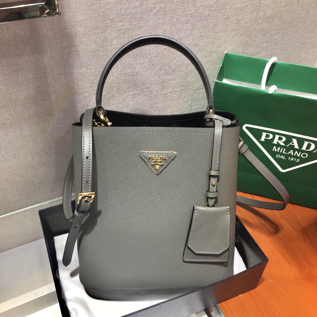 Prada Medium Panier Saffiano Leather Bag Light Grey/Black 1BA212